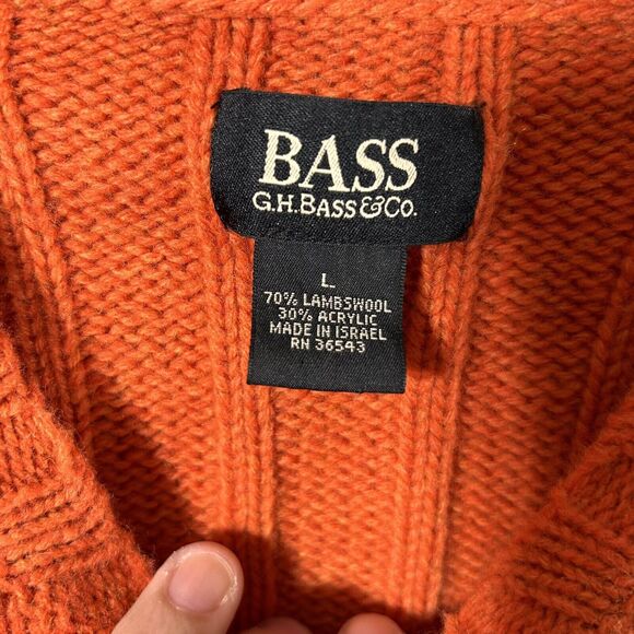 VINTAGE Sweater Large Orange LambsWool Blend V Neck Pullover Ribbed Bass - Picture 7 of 10